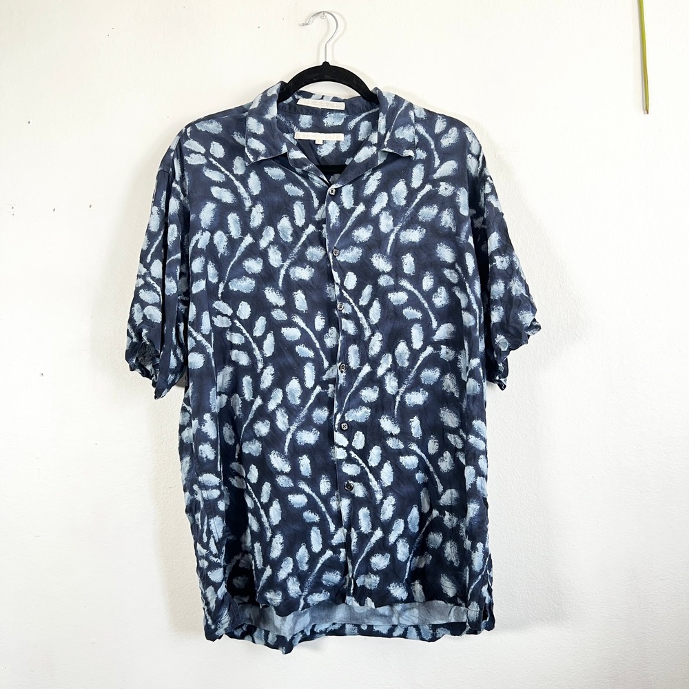 Perry Ellis Mens 100% Silk Floral Button Down Shirt Sz Large Blue